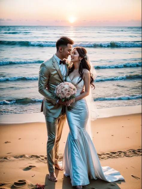 "Romantic wedding ceremony on a golden beach at sunset with a breathtaking view of the ocean, beautiful bride in a flowing white gown holding a bouquet of vibrant flowers, groom in a stylish suit, joyful celebration, elegant decorations, soft candlelight, ...