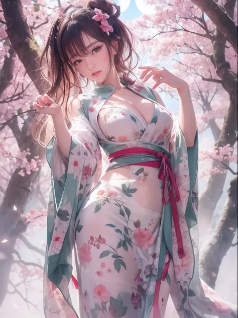 loose outfit、Show shoulders、How to wear a broken see-through kimono、Decorated with intricate patterns and bright colors、Transparent material that makes the skin shine、Artistic depiction of seductive woman in kimono with wet thin cloth and transparent skin,...