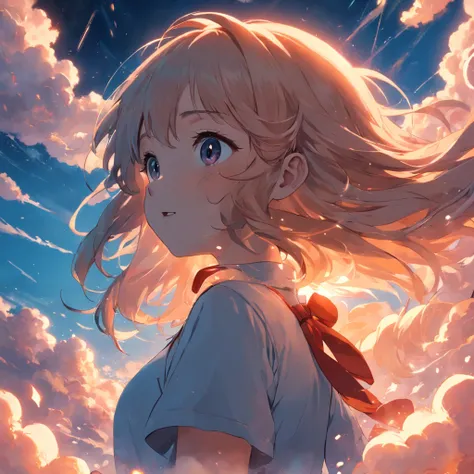 masterpiece, best quality, movie still, 1girl, cloud girl, floating in the sky, close-up, bright, happy, warm soft lighting, sunset, (sparks:0.7)