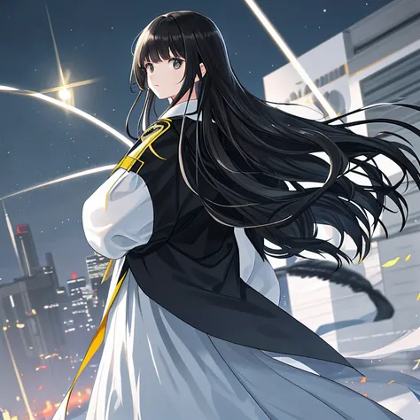 eyes highlights（1:3），Picture quality 4K，Black color hair，long whitr hair，amarelo，Black eyes，Hair fluttering，White suit，White skin，Action：Put your hands in your pockets，Look back at you，Background with：At night, the city is faintly lit up，With black and red...