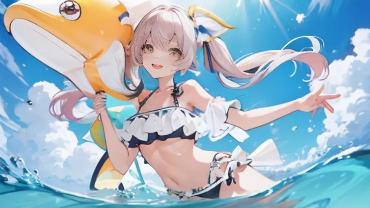 (Masterith), best qualtiy, ultra-detailliert, Vibrant colors, Girl straddling a big dolphin float floating on the glittering water surface,Twintail hair,Sheer eyes,Im looking at you with a smile on my face.,Wearing a floral bikini swimsuit,Breast size:0.8 ...