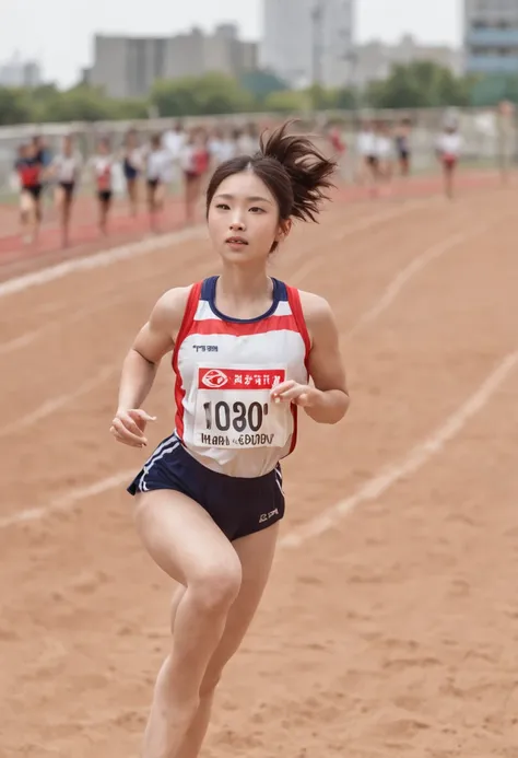 Japan Female Junior High School Students、Sandpit of the athletics stadium、Long jump、Athletics Uniforms、Very thin、Flying state