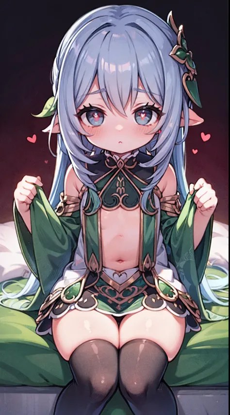 Nasida，flatchest，long  skirt，Sitting down， A cup，High detail, Heart-shaped pupils，Love pupils，cropped shoulders，Lots of hearts，Fleshy thighs,highly rendered，detailed face with，white stockings