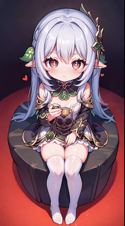 Nasida，flatchest，long  skirt，Sitting down， A cup，High detail, Heart-shaped pupils，Love pupils，cropped shoulders，Lots of hearts，Fleshy thighs,highly rendered，detailed face with，white stockings