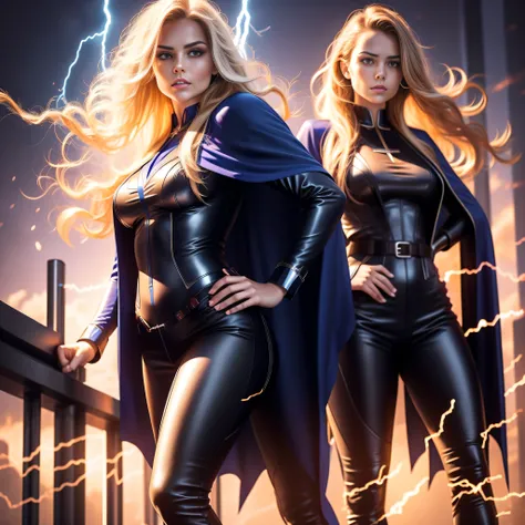 confident heroic 1woman, long electric hair, blue cape flapping heavily on the left, (business trousers:1), hands on hips, digital lightning background