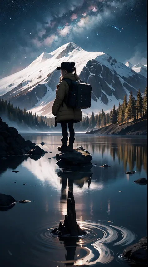 masterpiece, best quality, ultra-detailed, illustration, 1girl, solo, outdoors, camping, night, mountains, nature, stars, moon, bonfire, tent, twin ponytails, green eyes, cheerful, happy, backpack, sleeping bag, camping stove, water bottle, mountain boots,...