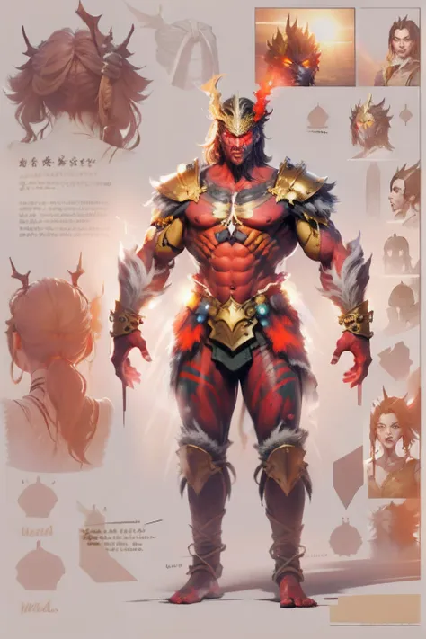 game character standing drawing design，golden armour，blood-red，creatures of paradise，strong limbs，massive wings，feater，and the s...