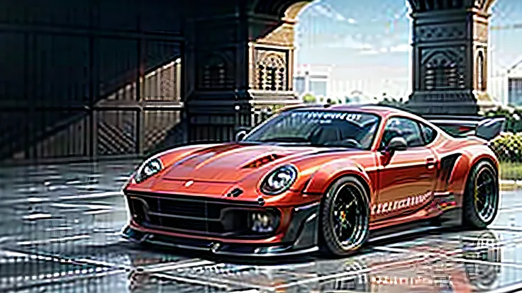 A red Porsche 911 GTS is parked in a studio with a gray background, porsche 911 in the future engine, porsche 911, porsche 9 1 1, cgi rendering, porch, cgi render, highly photographic render, porsche, hyper realistic detailed rendering, hyperreal rendering...