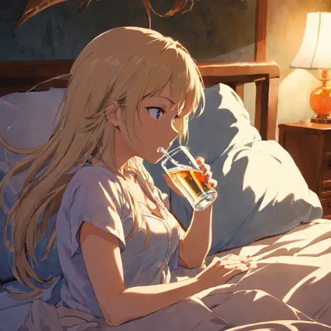 Woman lying in bedroom drinking water with a goblet