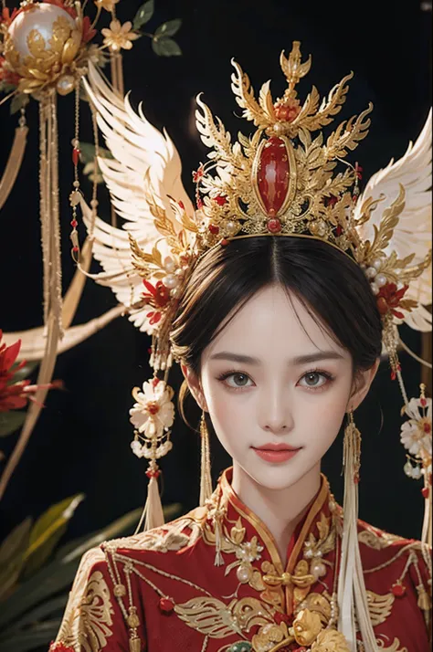 Palace，The princess got married，Hanfu bride，Golden Phoenix Crown，（Pearl cloud shoulder），Pearl tassels，Red and green hanfu，Solemn，orthofacial，A beautyful girl，Beautiful facial features，Smooth and delicate skin，skin detailed，largeeyes，Eyelash detailing，She h...