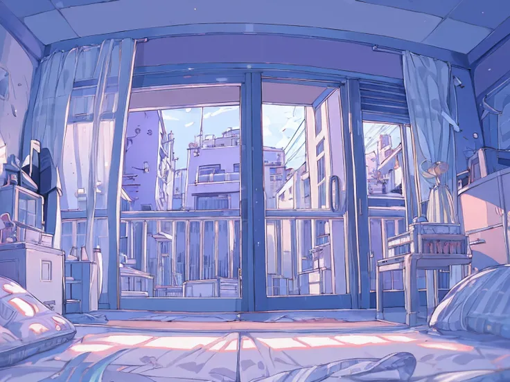 (​masterpiece)、(top-quality)、girl with、veranda of a small studio apartment futuristic city outside the window。 natta、jpn、anime c...