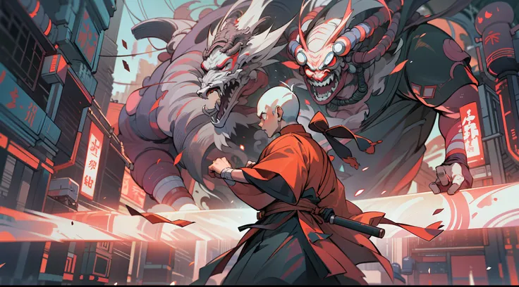 A traditional Chinese monk man is in a fighting stance waiting to be attacked by his enemies, he is surrounded by enemies, he is in a futuristic Chinese cyberpunk city, dusk, bright lights, dynamic composition, volumetric lights, ultra definition, ultra re...