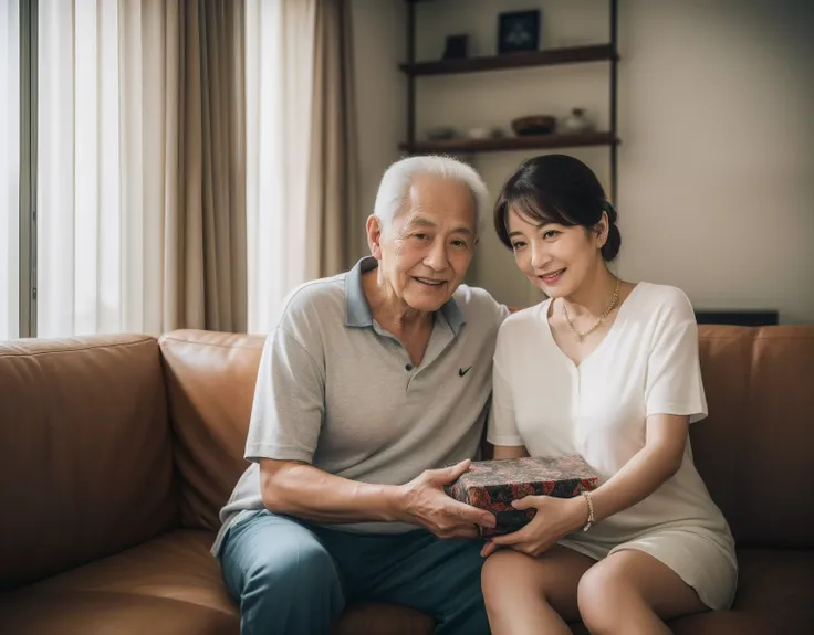 best quality, masterpiece, ultra high res, (photorealistic:1.4), RAW photo. High-key image with soft lighting and white background.jpn,Modern and bright living room、A man and a woman sitting on a sofa about 80 years old、Couple in their 40s、Family photo of ...