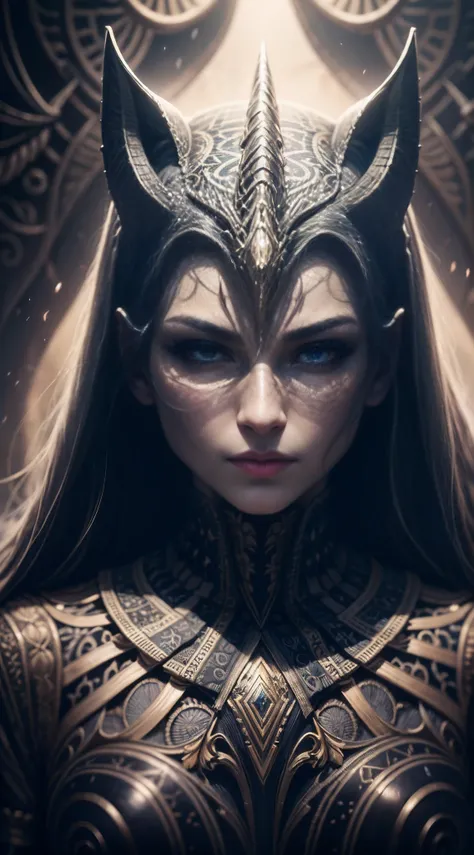 A closeup of a woman wearing a horned mask and a horned costume, retrato de fantasia fosco detalhado, Arte digital altamente detalhada em 4k, retrato de arte conceito de fantasia, elegant cinematic fantasy art, Epic Fantasy Digital Art Style, Retrato de um...