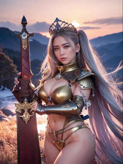 Professional , ​masterpiece、top-quality、photos realistic , depth of fields （Gemstone Silver Metal Body:1.９),(Matte Silver、Jewel Gold Weapon、（Gorgeous castle background）、Holding the Sword of Heroes、（Jewel White Metal Body:1.４),（（Gorgeous Jewel Metal Weapons...