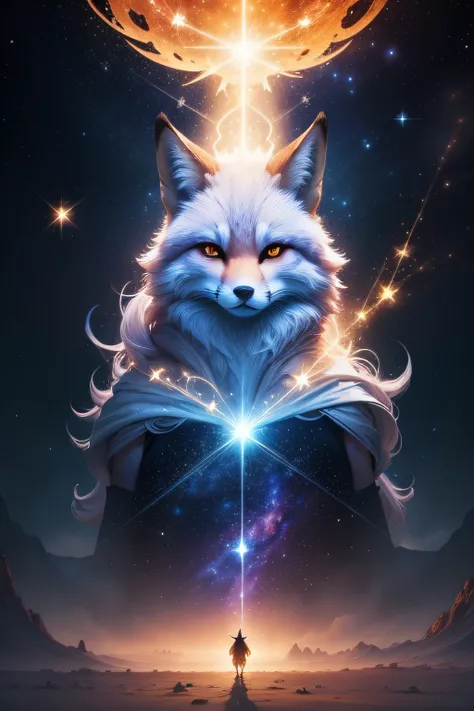 Create a charming cover that depicts Star Friends in an epic adventure scene.
Coloque a raposa Lumi, o protagonista, no centro da imagem, with his fox constellation shining above him