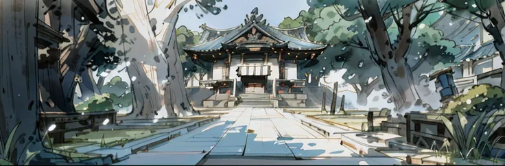 Japanese anime scene design, Ancient shrines, A wide street, Japanese traditional architecture, Big tree, Quiet and elegant atmosphere, Delicate and soft painting style, Cinematic lighting effects, High definition picture quality, A wealth of details, 32K,...