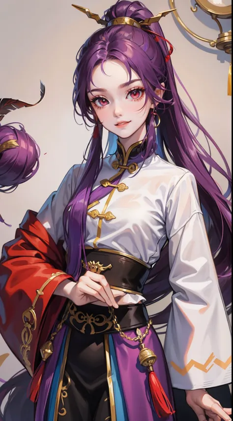 young boy, long purple hair, high ponytail, red-eyes, Chinese purple short-sleeved shirt, Via Hanifa, smirk, Feather Fan, Masterpiece, hiquality