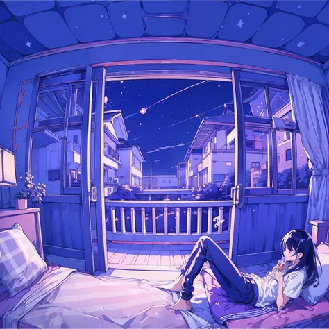 (​masterpiece)、(top-quality)、girl with、listening to music on the veranda of the apartment night sky outside japan、sateen、anime c...