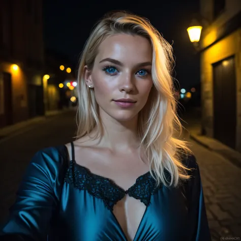 (Selfie, Vue de dessus: 1.4), (Right half of the body: 1.4), RAW UHD portrait photo of a 24-year-old blonde (Femme aux yeux bleus) marcher dans une ruelle sombre, gros seins,, Ville la nuit, (jupe), (neckline), specifics (Textures! , cheveux! , Briller, Co...