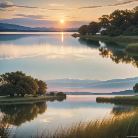 "Capture the serenity of a vintage era by painting a scene at sunset by a big lake. The suns warm glow dances on the shimmering lake water, illuminating the tranquil setting. Long grass gently sways in the breeze beside the water, adding to the sense of ca...