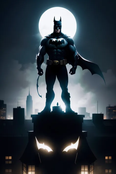 A silhouette of Batman standing on a rooftop with the Bat-Signal shining in the sky.