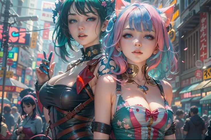 anime - style image of two women with pink and blue hair dressed in red and blue corset, posing in Akihabara for a foto shooting, Captured from worms eye view, 4 meters distance to viewer, wlop and sakimichan, attractive cat girl, artwork in the style of g...