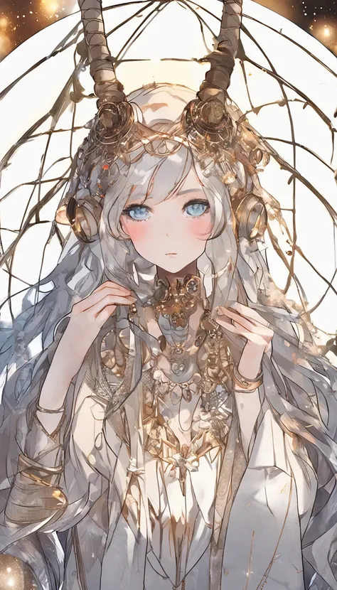 Kizi， 独奏， choker necklace， The hair is between the eyes， As estrelas（sigature）， long whitr hair，golden curly hair， double tails， shinning eyes， 耳Nipple Ring， jewely， sorceress woman， By bangs， Black shoes， scenecy， nigh sky， As estrelas（Skysky）， starrysky，...