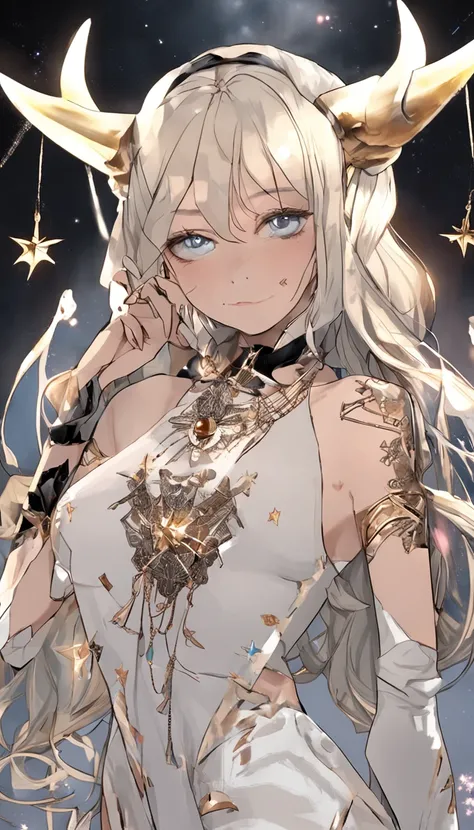 Kizi， 独奏， choker necklace， The hair is between the eyes， As estrelas（sigature）， long whitr hair，golden curly hair， double tails， shinning eyes， 耳Nipple Ring， jewely， sorceress woman， By bangs， Black shoes， scenecy， nigh sky， As estrelas（Skysky）， starrysky，...