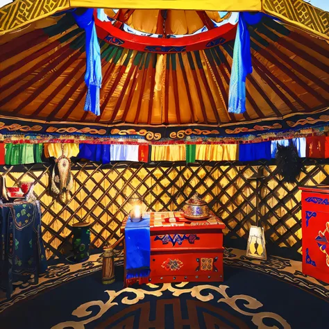 tribal yurts, interior of a tent, mongolian elements, red table, wooden trellis tents，high detail photo, author：julia pishtar, s...