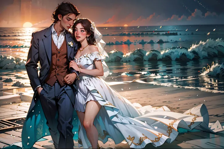 "Romantic wedding ceremony on a golden beach at sunset with a breathtaking view of the ocean, beautiful bride in a flowing white gown holding a bouquet of vibrant flowers, groom in a stylish suit, joyful celebration, elegant decorations, soft candlelight, ...