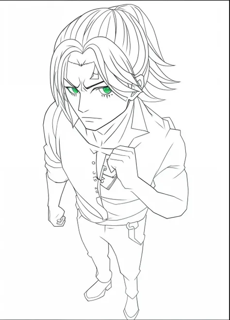 full body man character, hair up, scar on the eye, long straight hair, green eyes.