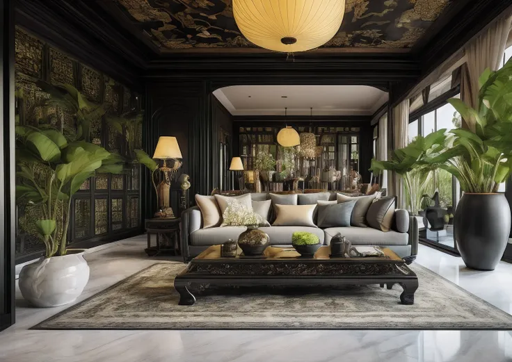 (( masterpiece)) (( ultral realistic)) (( sharp forcus)) (( high detail)) livingroom in indochina style,china , vietnam, black w...