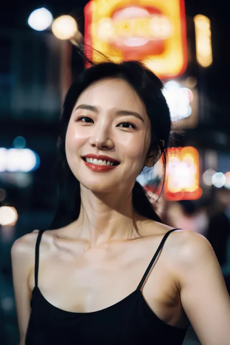 1girl, idol, model, depth of field, photo, film, face, skinny, smile, collarbone,  teeth, movie, camisole, selfie, night,