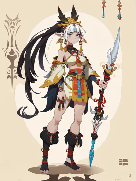 1girll ，1girll，(独奏)，full bodyesbian，European and American cartoon design，Primitive tribal elements，standing on your feet，Holding a weapon，feater，white backgrounid