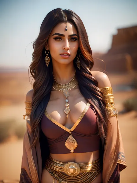 fking_scifi, fking_scifi_v2, portrait of a young, seductive, extremely beautiful and attractive Arabic woman, in front of a city in the desert, long messy hair, rich colorful clothes and golden jewelry, close up, regal pose and attitude. fking_cinema_v2.