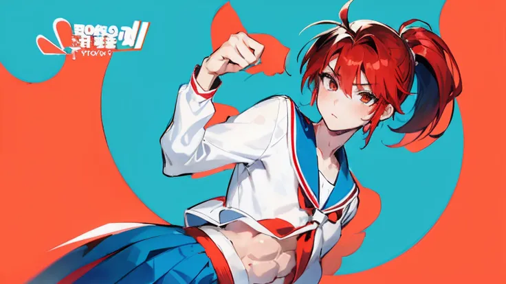 Anime boy with red hair, Anime boy in white sailor suit, Anime boy in blue skirt and blue collar poses in photo, Boy with red short ponytail hair, Boy with brown eyes, aya takano color style, Muscular men, High School Boys in Anime