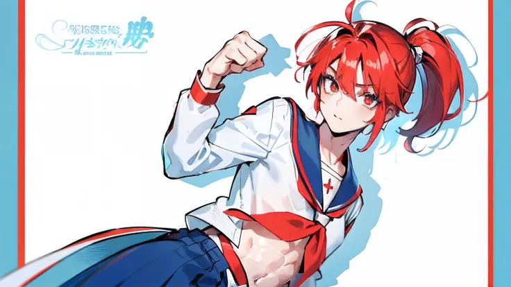 Anime boy with red hair, Anime boy in white sailor suit, Anime boy in blue skirt and blue collar poses in photo, Boy with red short ponytail hair, Boy with brown eyes, aya takano color style, Muscular men, High School Boys in Anime