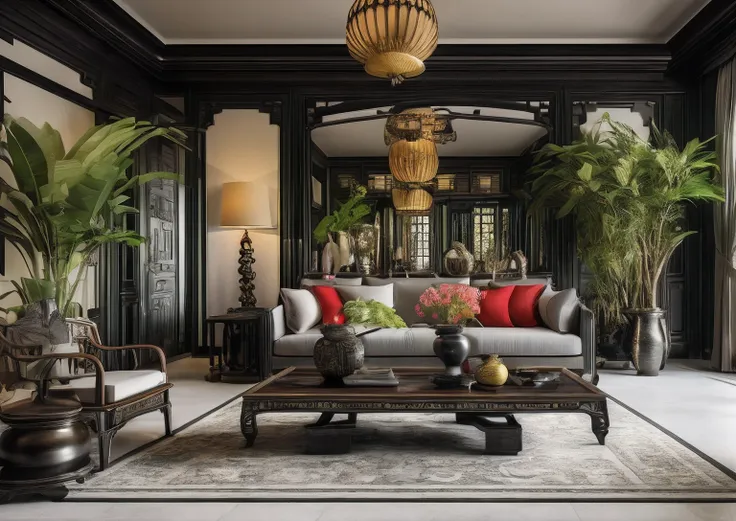 (( masterpiece)) (( ultral realistic)) (( sharp forcus)) (( high detail)) livingroom in indochina style,china , vietnam, black w...