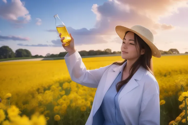 Woman holding a bottle of water in a yellow flower field, environmental shot, full body potrait holding bottle, Shot, Photo Hot, holding a bottle, cooking oil, woman standing in flower field, in a field, beautiful fine sky, girl standing in flower field, p...