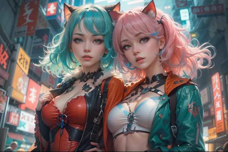 anime - style image of two women with pink and blue hair dressed in red and blue corset, posing in Akihabara for a foto shooting, Captured from worms eye view, 4 meters distance to viewer, wlop and sakimichan, attractive cat girl, artwork in the style of g...