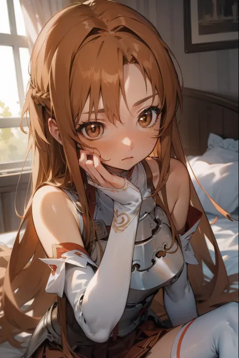 asunayuuki, asuna yuuki, long hair, brown hair, (brown eyes:2), (small breast:1.2),
BREAK skirt, thighhighs, bare shoulders, detached sleeves, armor, white thighhighs, breastplate,
BREAK indoors, bed, bedroom,
BREAK looking at viewer, BREAK (masterpiece:1....