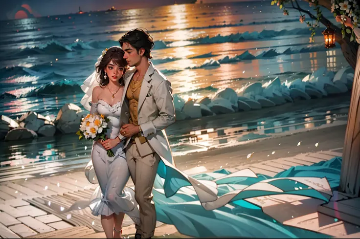 "Romantic wedding ceremony on a golden beach at sunset with a breathtaking view of the ocean, beautiful bride in a flowing white gown holding a bouquet of vibrant flowers, groom in a stylish suit, joyful celebration, elegant decorations, soft candlelight, ...