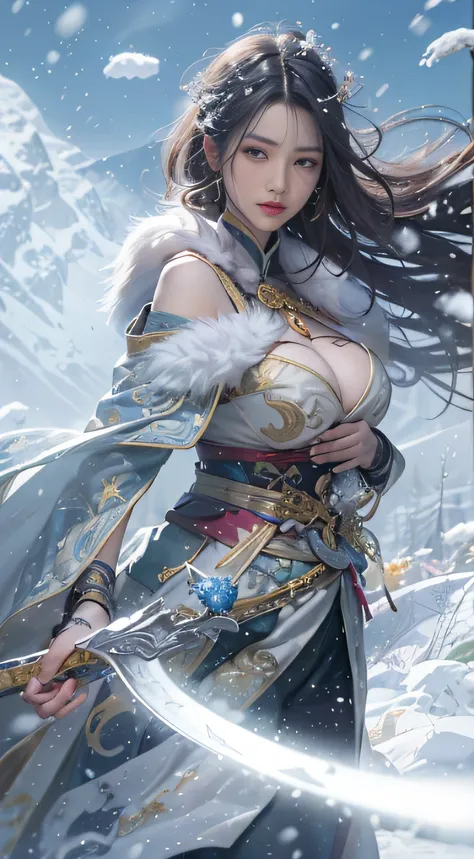 Best quality,Masterpiece,超高分辨率,(Photorealistic:1.4),xiuxian,arma,The sword，Detailed face, 1girll,Solo,arma,cleavage,(Magical Circle:1.2),xiuxian,Upper body,Beautiful girl,full bodyesbian,Huge breasts,snowfield，drifting snow