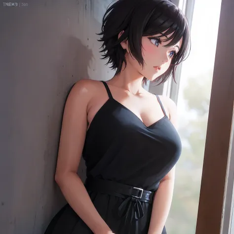 anime girl in black dress leaning against a wall with her hands on her hips, anime girl wearing a black dress, realistic anime 3 d style, 3 d anime realistic, photorealistic anime girl render, anime. soft lighting, seductive anime girl, smooth anime cg art...