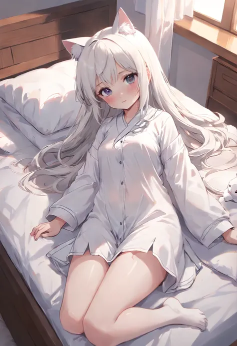 Anime girl in white pajamas getting out of bed with cat, loli in dress, small curvy loli, artwork in the style of guweiz, guweiz on pixiv artstation, guweiz on artstation pixiv, guweiz, small loli girl, soft anime illustration, Anime visuals of cute girls,...