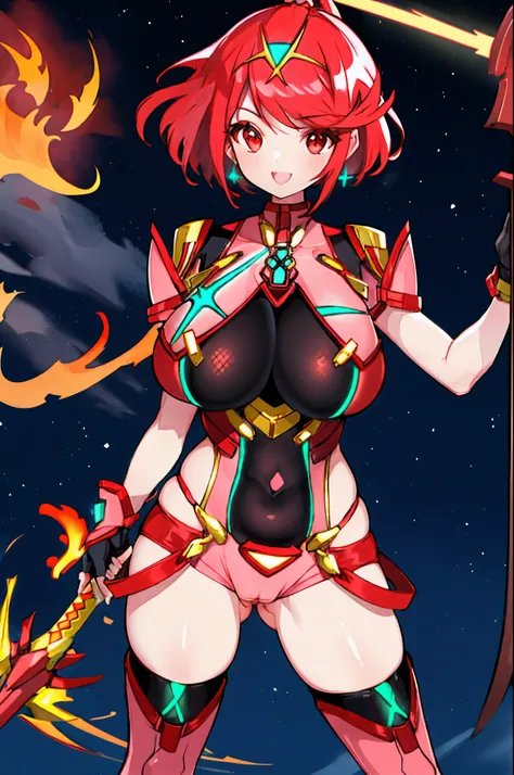 pyra (xenoblade), teen_1girl, loli, armor, bangs, black gloves, breasts, red eyes, light_open_mouth, earrings, eyelashes, fingerless gloves, floating hair, framed breasts, gem, gloves, hair ornament, headpiece, jewelry, big_breasts, leaning back, leotard, ...