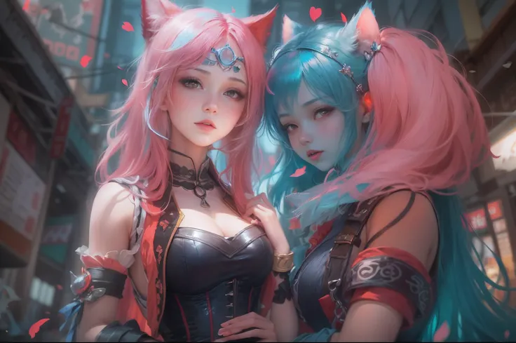 anime - style image of two women with pink and blue hair dressed in red and blue corset, posing in Akihabara for a foto shooting, Captured from worms eye view from a distance, wlop and sakimichan, attractive cat girl, artwork in the style of guweiz, fantas...