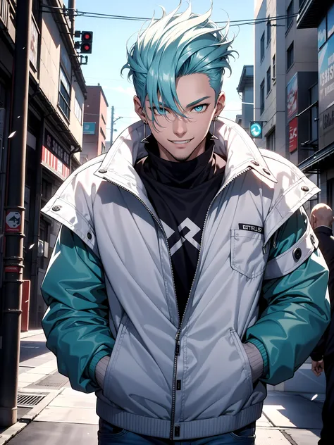 1boy, short earrings, tall guy, smiling face, beautiful accurate dark cyan eyes, #003840 hair, body is well proportioned, white jacket, silver jeans, his in the neighborhood, looking at viewer, high resolution, ultrasharp, 8k, masterpiece