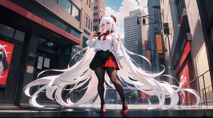 long  white hair, red color eyes, a black pleated skirt，Inside is white surgery，Wearing black pantyhose, Plump body, An anime character, Only one person，Drinking brown drinks on the street